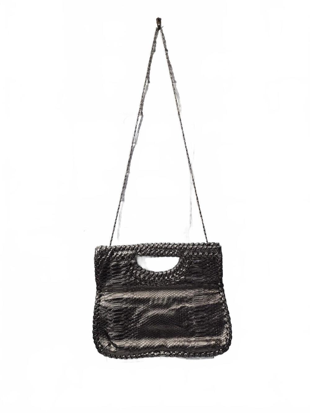 Big Buddha Metallic Faux Snakeskin Clutch/Shoulder Bag In A Silver Pewter Finish